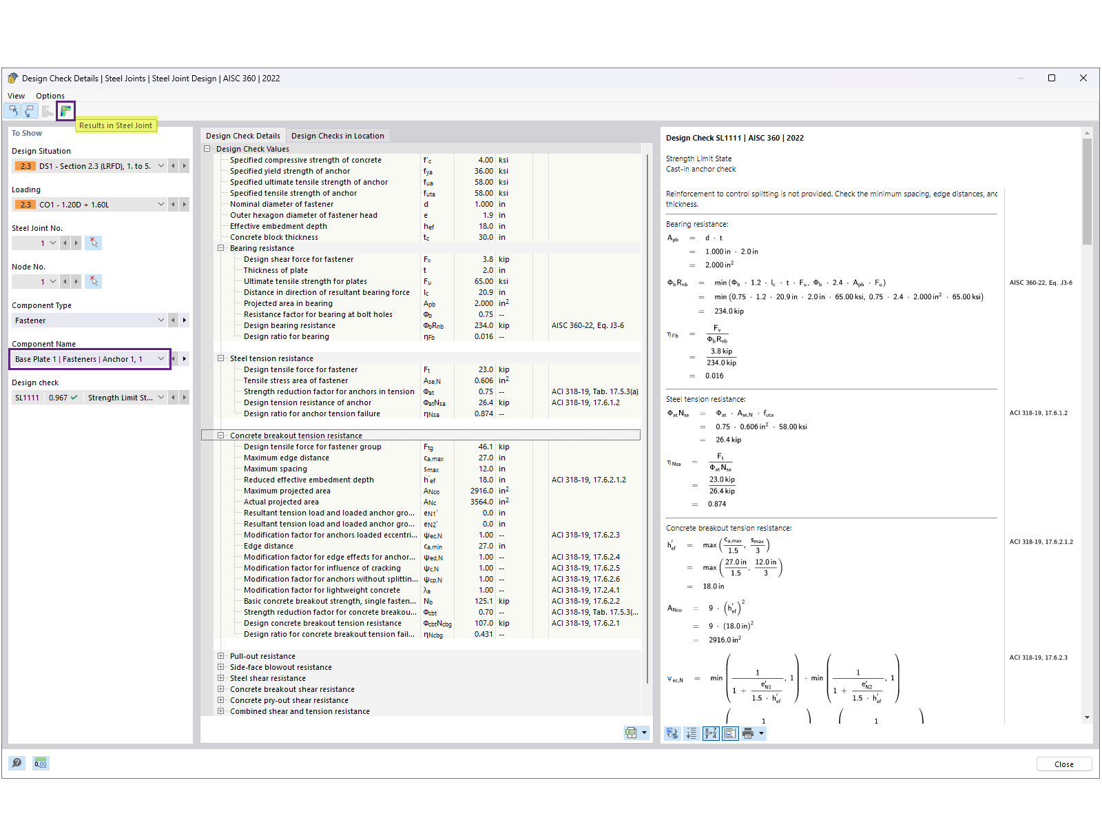 Anchor design verification details showing stress distribution and calculations.