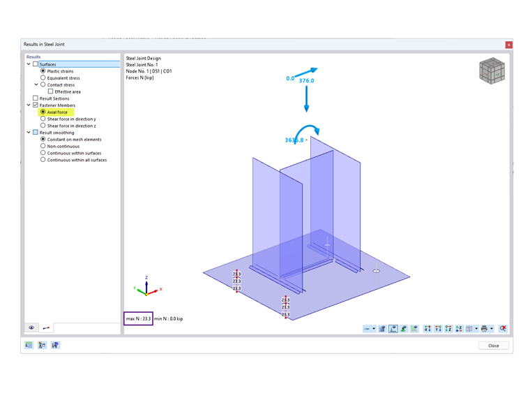 Visual presentation of the analysis results of steel joints detailing stress and deformation data.