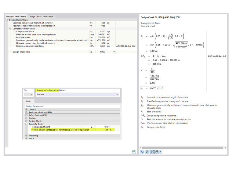Details of a concrete block design check showing view of structural assessment sections.