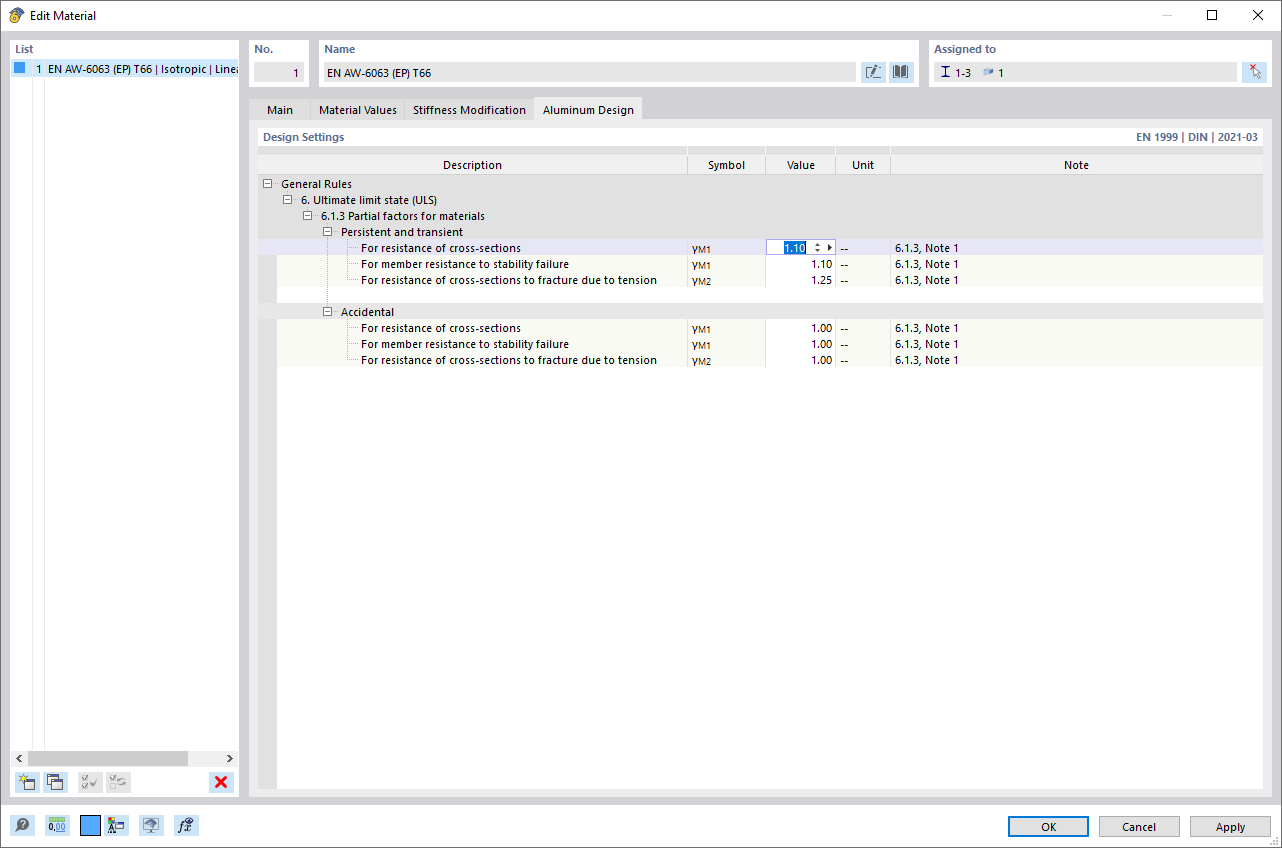 Dialog Box "Edit Material", Adjusting Partial Safety Factors