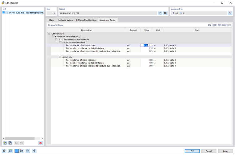 Dialog Box "Edit Material", Adjusting Partial Safety Factors