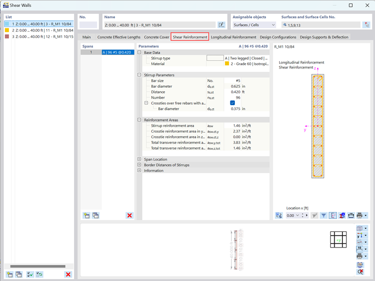 Shear reinforcement design properties visualized in Dlubal software.