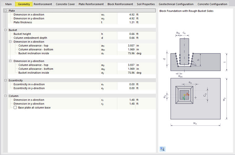 Display of a block foundation with rough bucket sides in the Geometry tab.