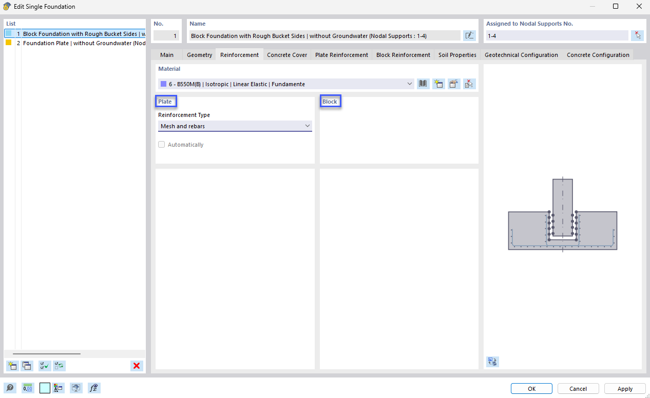 Display of a block foundation with concrete foundations and reinforcement tab for structural analysis and design.