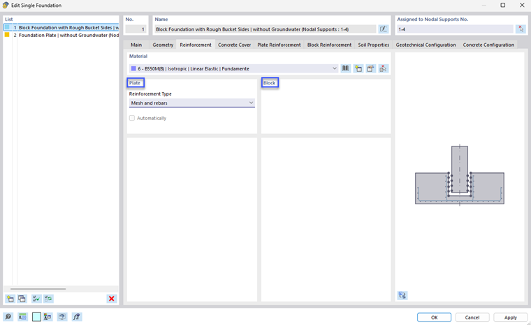 Display of a block foundation with concrete foundations and reinforcement tab for structural analysis and design.
