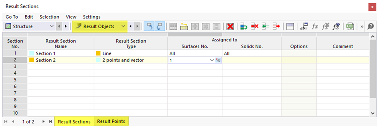 Result Objects in Table