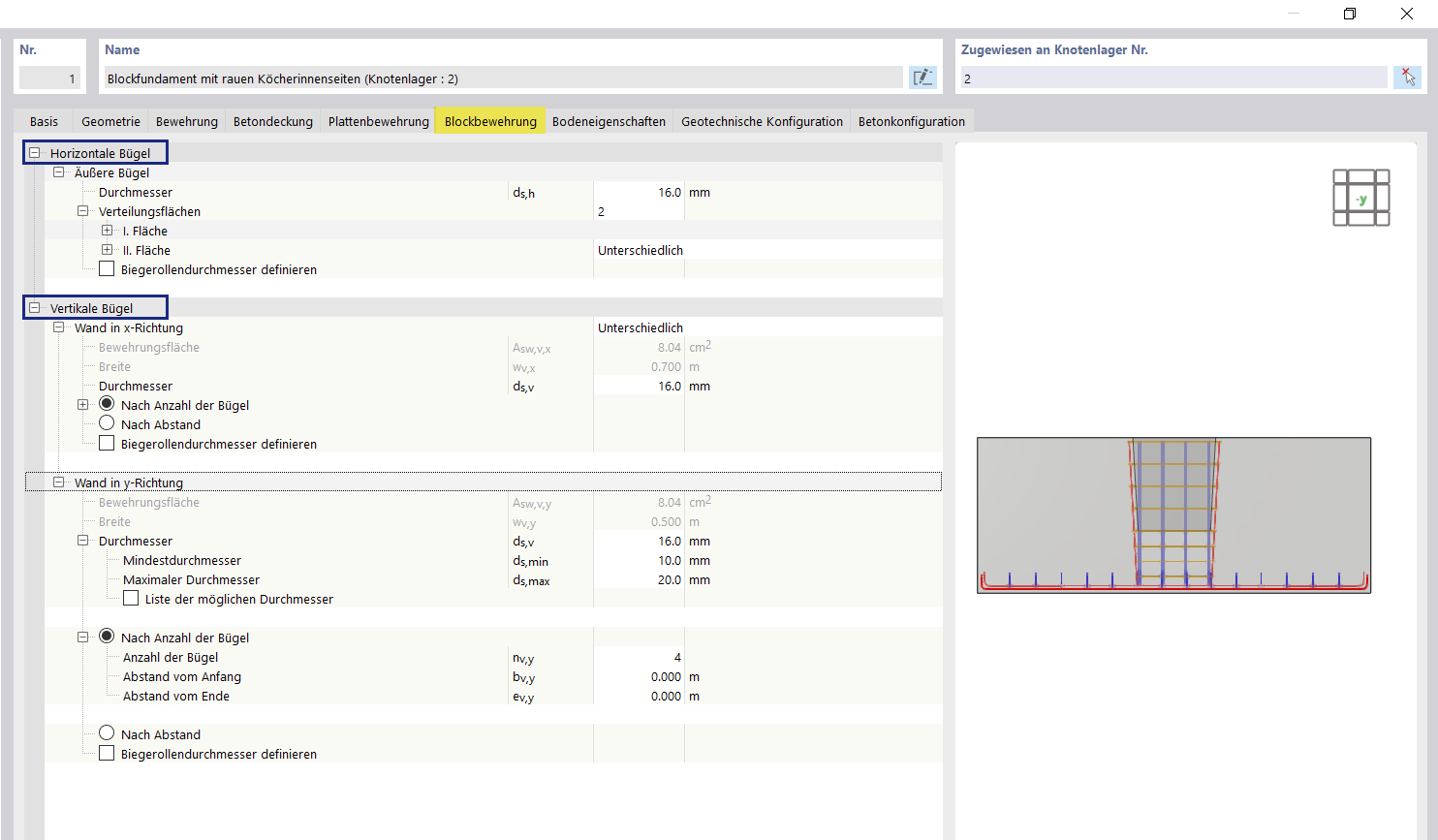 Concrete foundations with tab for block reinforcement, detailed display, and structural information.