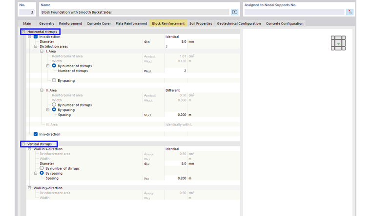 Concrete foundations with tab for block reinforcement, detailed display, and structural information.