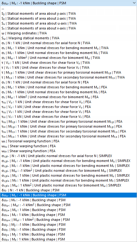 List of cross-section properties, unit stresses, and buckling shapes per FSM (Finite Strip Method)