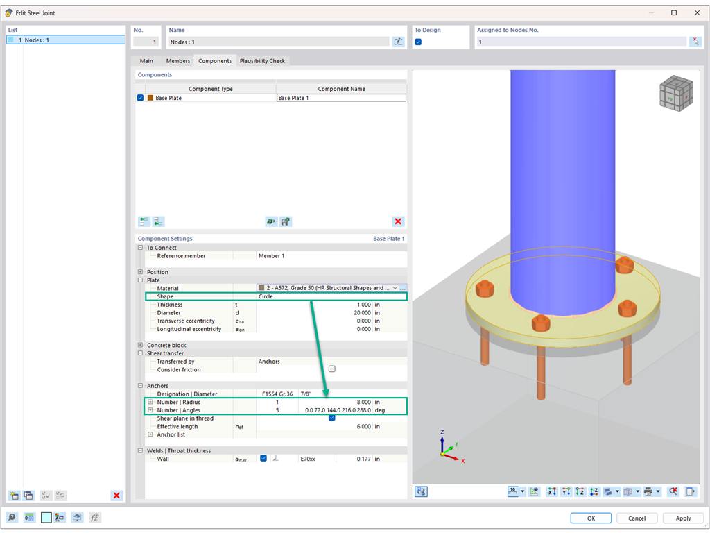 Feature 002924 | Circular arrangement of anchor points on a base plate | Steel joint, bolt layout, circular