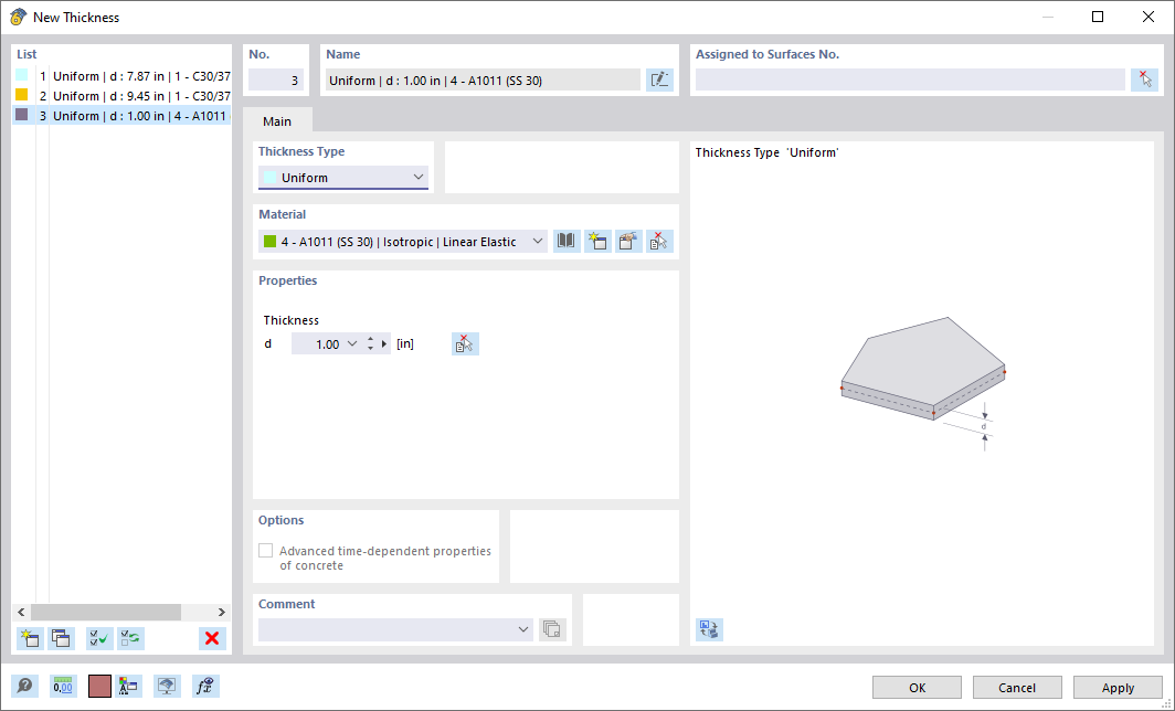 Dialog box for defining thickness, thickness type, and material options