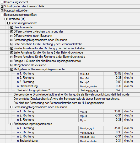 Calculated design moments at the bottom side of a plate structure in the analytical model
