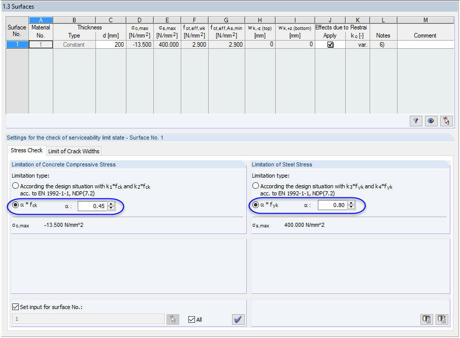 Graphic showing the limitation of concrete and steel stresses in the Stress Analysis tab.