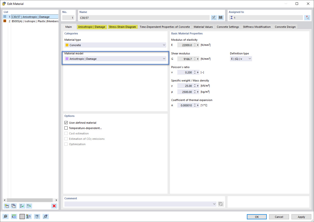 Selecting the Anisotropic material model | Damage for concrete in the software interface