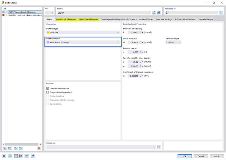 Selecting the Anisotropic material model | Damage for concrete in the software interface