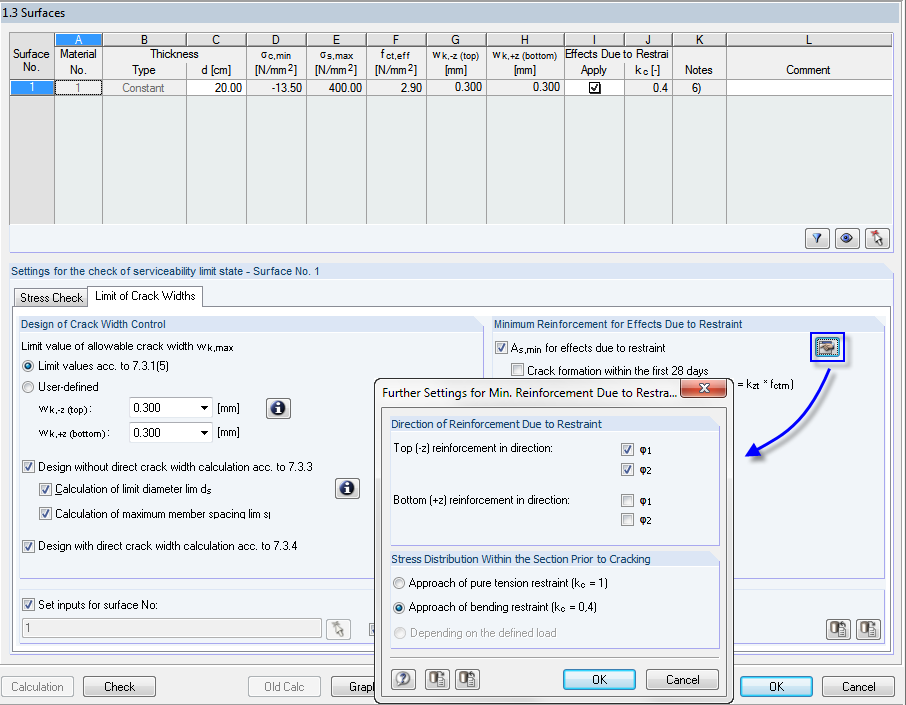 Dialog box for setting further minimum reinforcement values in the Surfaces tab