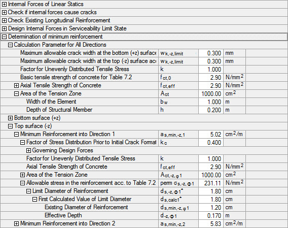 The image shows the reinforced concrete design settings for the limit diameter of the reinforcement direction φ1.