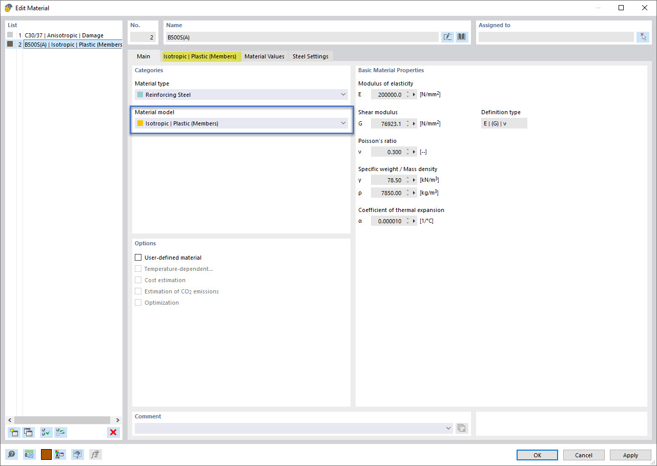 Reinforcing steel with “Isotropic | Plastic (Members)” material model - Image 1/2: Assigning the material model