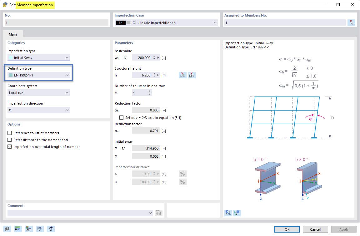 Image of member imperfection according to EN 1992-1-1 and EC 2, definition type: initial sway