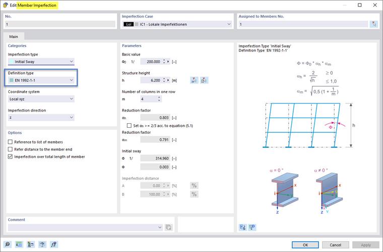 Image of member imperfection according to EN 1992-1-1 and EC 2, definition type: initial sway