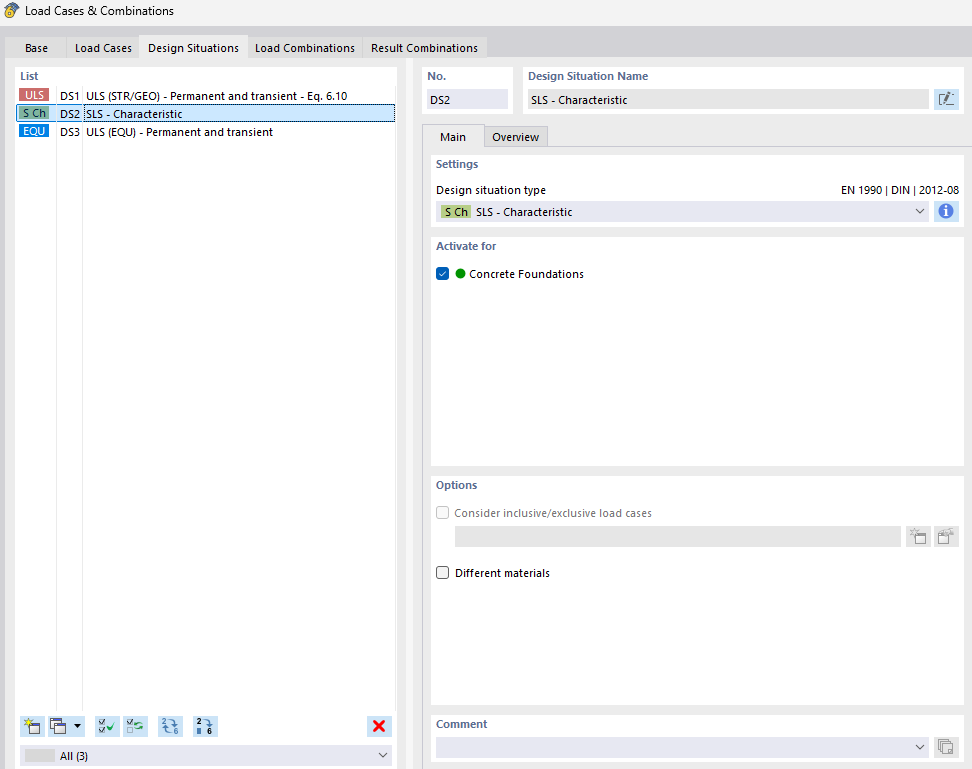 Dialog box for creating design situations for permanent characteristic actions