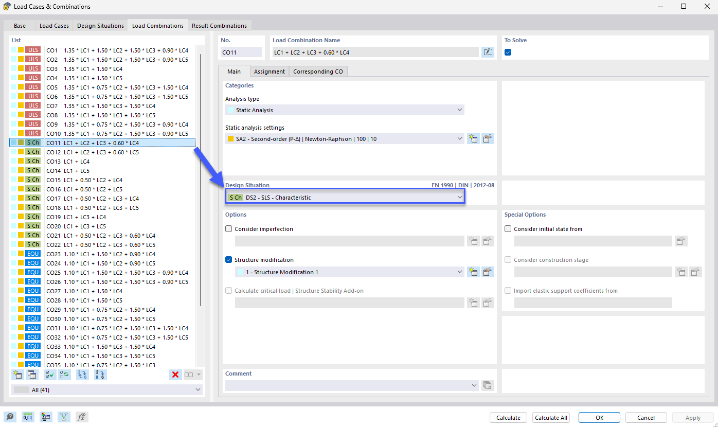 Image of a user interface for assigning a new design situation to load combinations