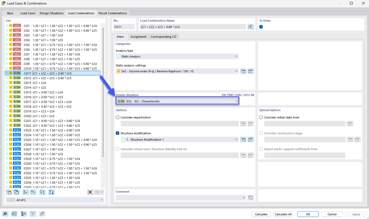 Image of a user interface for assigning a new design situation to load combinations