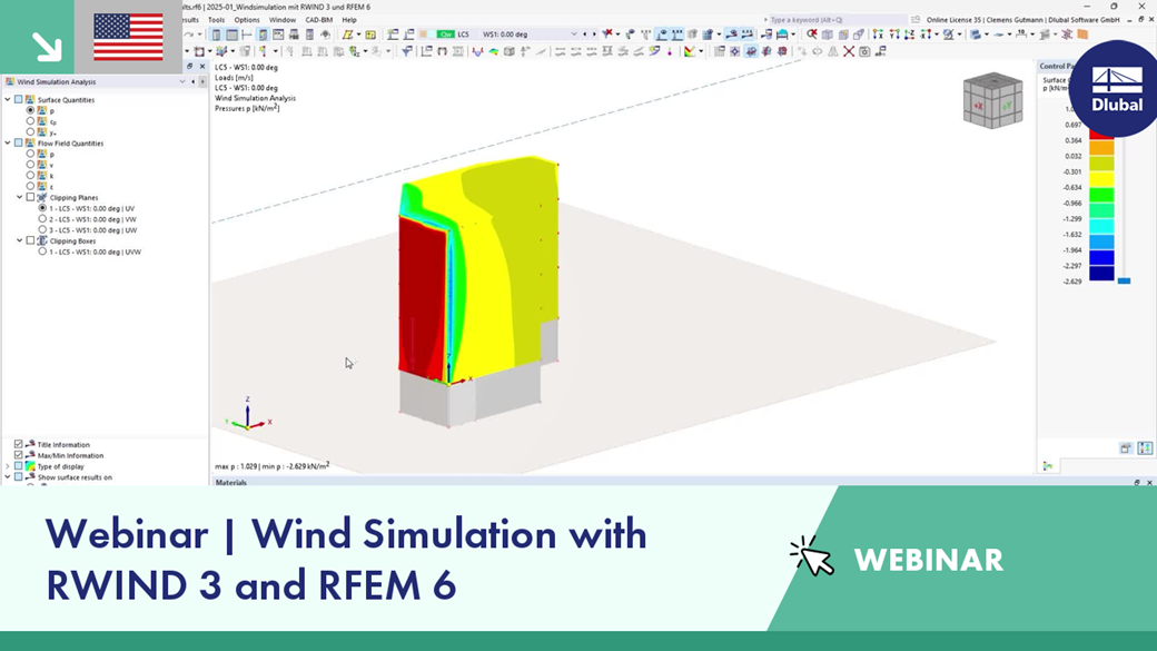 Webinar graphic featuring wind simulation with RWIND 3 and RFEM 6 technologies.
