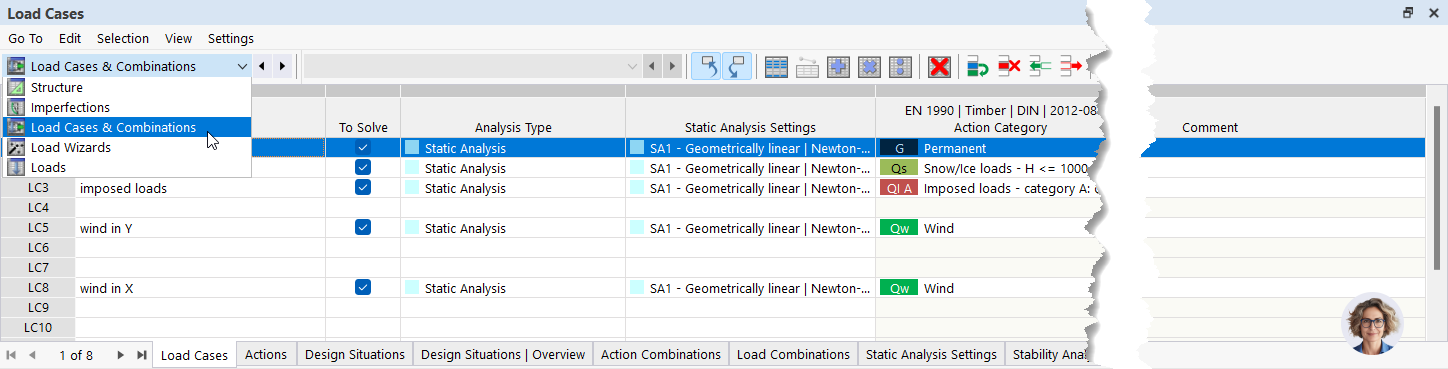 Table for editing consecutive load case numbering | Options in a dialog box