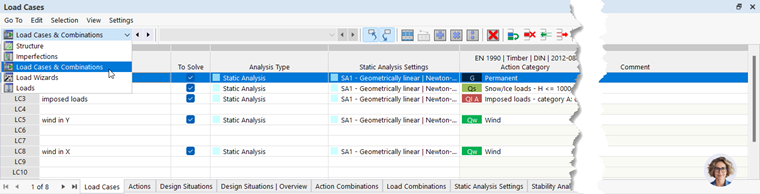 Table for editing consecutive load case numbering | Options in a dialog box