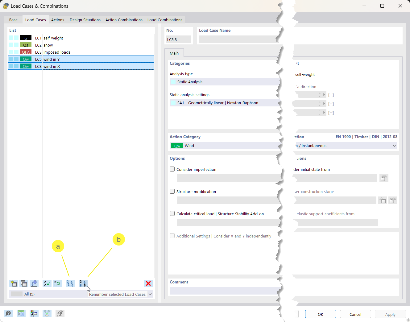 Dialog box for quick numbering of load cases