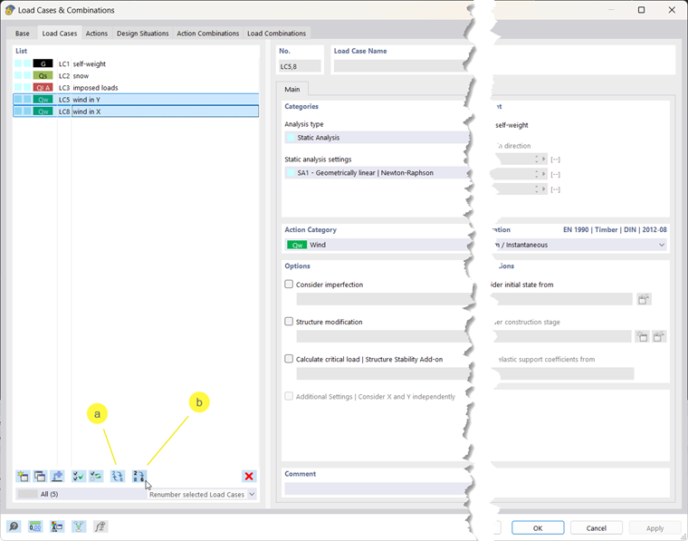Dialog box for quick numbering of load cases