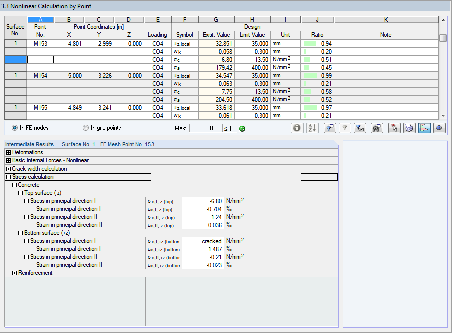 Screenshot of Window 3.3 for nonlinear calculation by point with text boxes and options