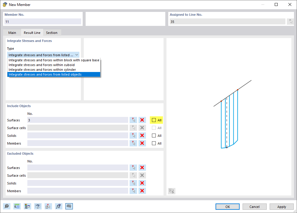 The user interface provides options for defining a result line.