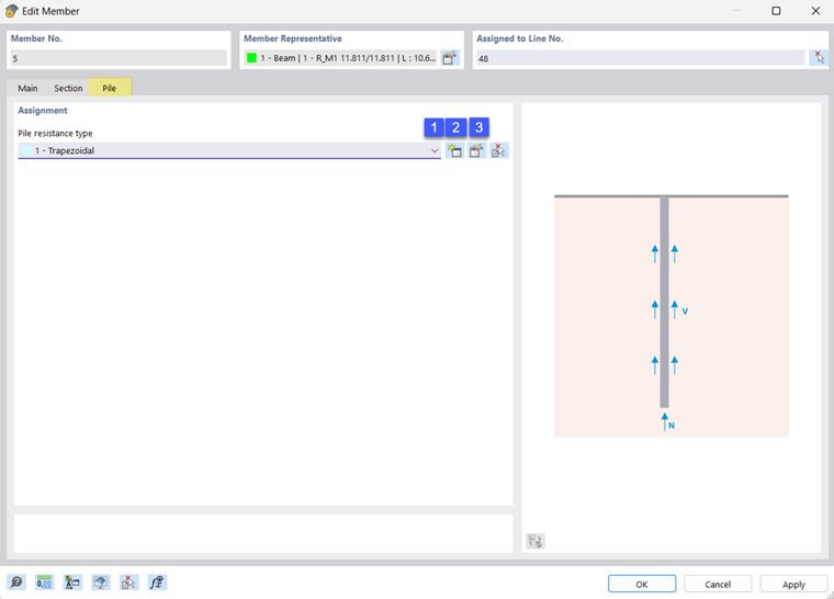 Display of the Pile member type in the tab with the selection options for a pile resistance type and specific bored pile properties.