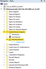 Navigator view | Pile resistance types, member type and pile, selection menu