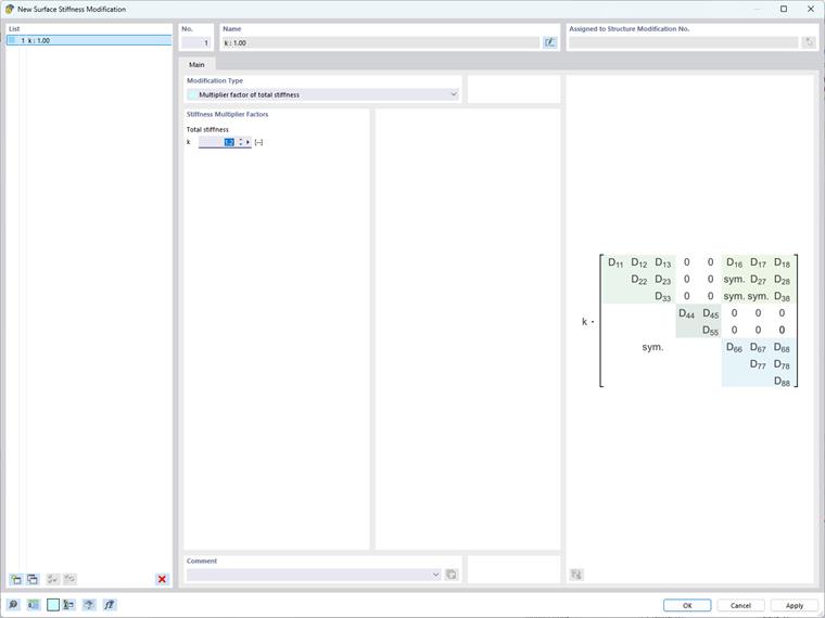 RFEM 6 surface stiffness modification window with single stiffness multiplier factor