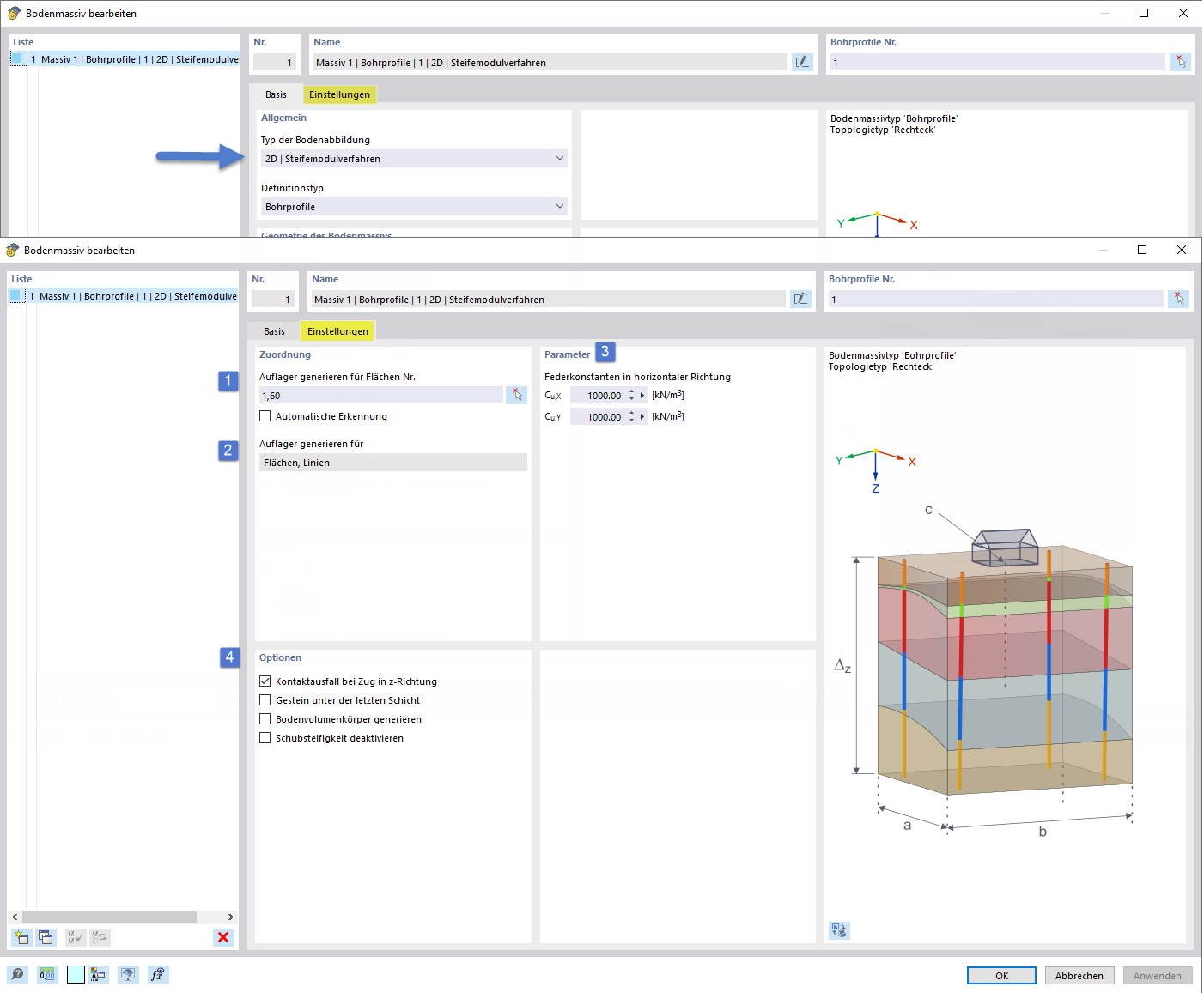 Input dialog box for entering the subsoil parameters | Soil, soil massif, elastic half-space, spring stiffness