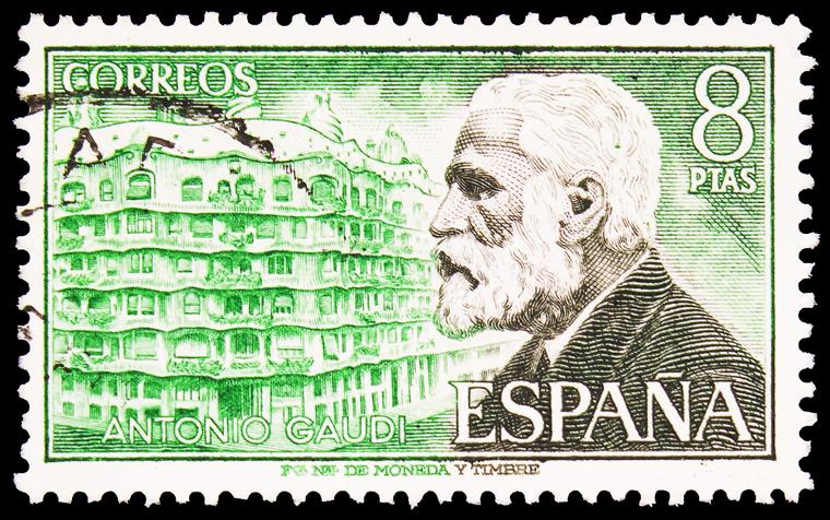 Postage stamp with a portrait of Antoni Gaudí, a Catalan architect and designer from Barcelona.