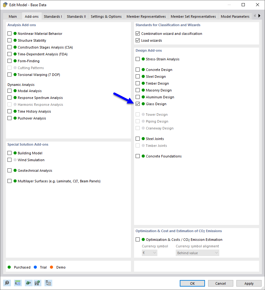 Buttons for activating the Glass Design add-on