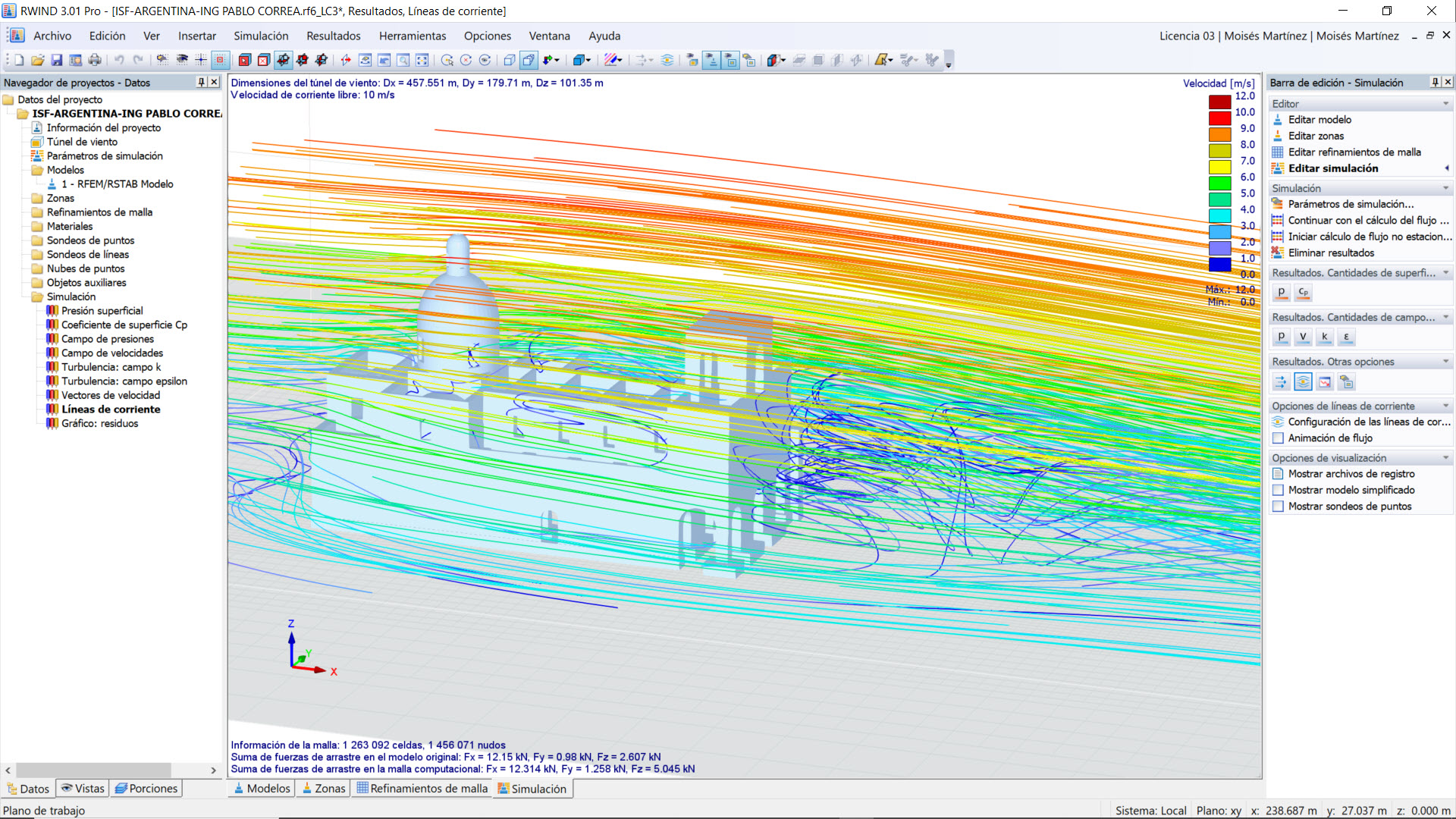 Simulation of wind flow in structure with color-coded streamlines and vortices