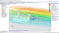 Simulation of wind flow in structure with color-coded streamlines and vortices