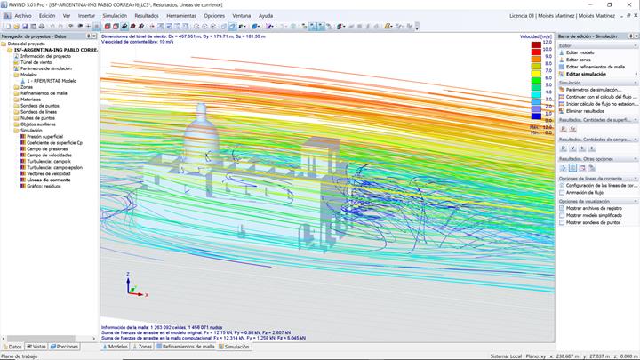 Simulation of wind flow in structure with color-coded streamlines and vortices
