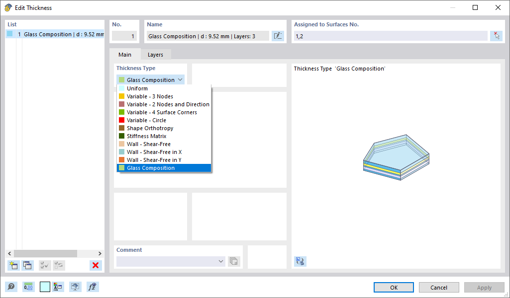 Glass composition | Laminated glass options, selecting thickness type