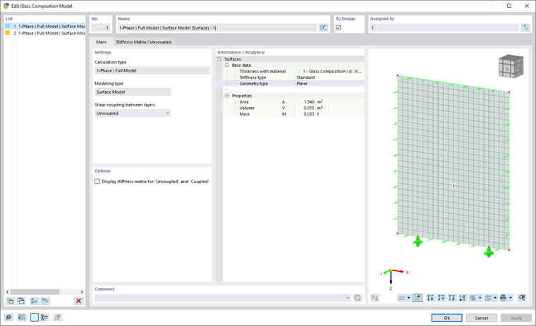 Dialog box for glass structure model | Additional settings and detailed glass parameters