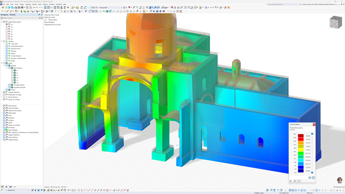 Model of a temple with a color scale showing displacements | Global deformation analysis
