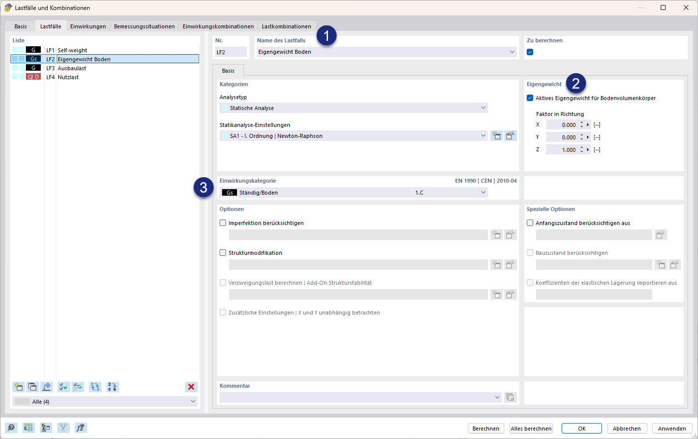 Input window Load Case Self-Weight Soil | Soil Solid, load case, action Permanent/Soil