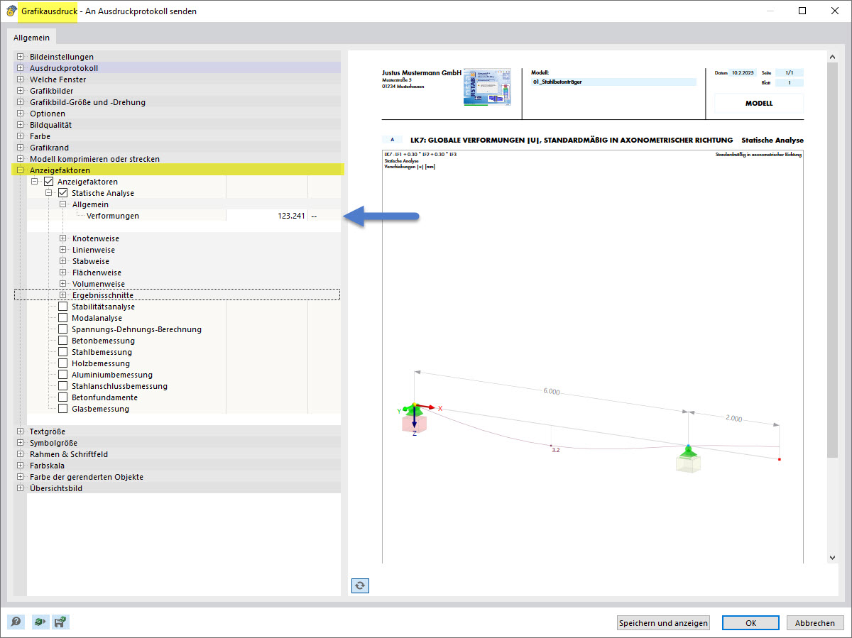 FAQ 005655 explains where you can specify the display factor for showing deformations in a printout report.