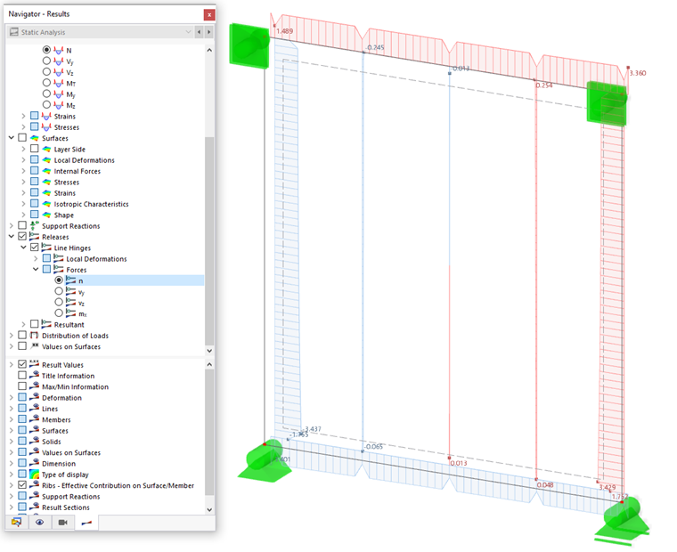 Visualization of the shear flow result diagram and acting forces on a timber panel wall