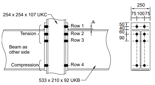 Illustration of a steel bolted joint with precise dimensions and configuration details.